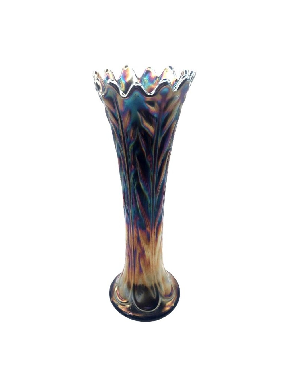 Northwood Carnival Glass Swung Vase Leaf Columns Black Amethyst Iridescent 1912